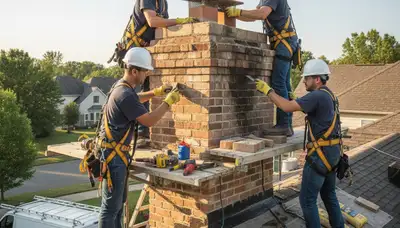 Houston chimney repair crew fixing cracks and flashing on a damaged brick chimney in Houston, TX