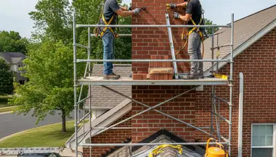 Houston chimney repair crew fixing cracked mortar and flashing on a home in Houston, TX