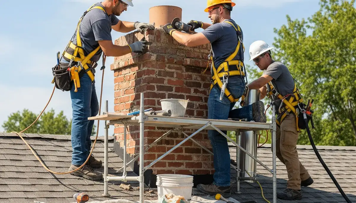 Houston chimney repair crew fixing cracked masonry and flashing on a home in Houston, TX