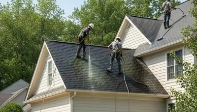 Houston, TX roof cleaning crew removing algae and grime for residential roof maintenance