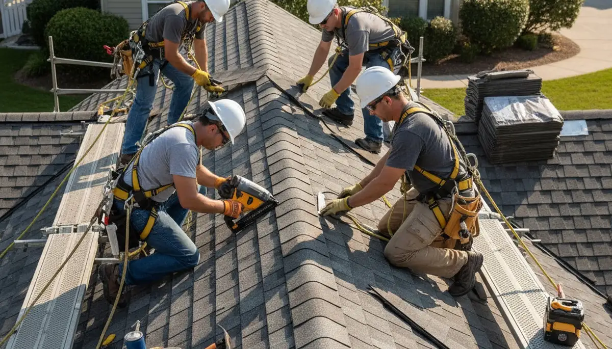 Houston TX roof repair crew inspecting storm damage on a residential roof