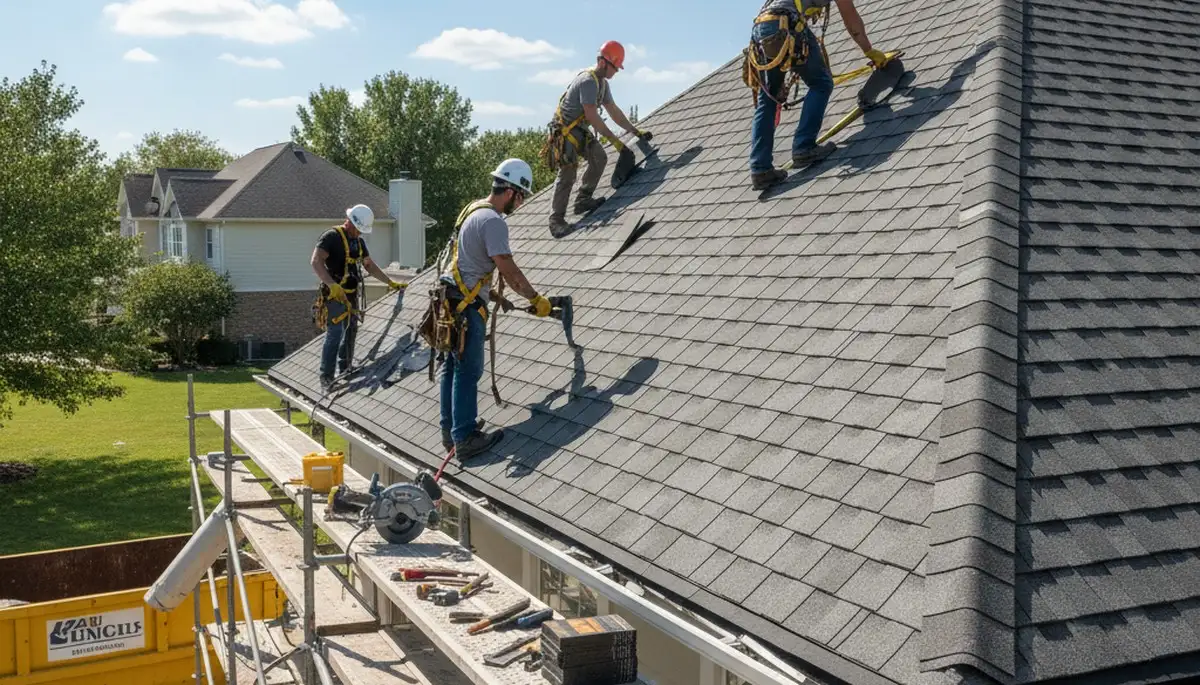 Houston, TX roofing and siding team replacing storm-damaged roof for a home exterior project